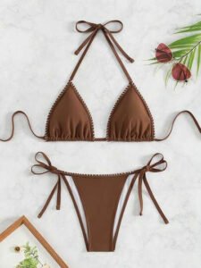 SHEIN Swim طقم بكيني بني للشاطئ مع تشطيب لون متباين، نسائي، صيفي