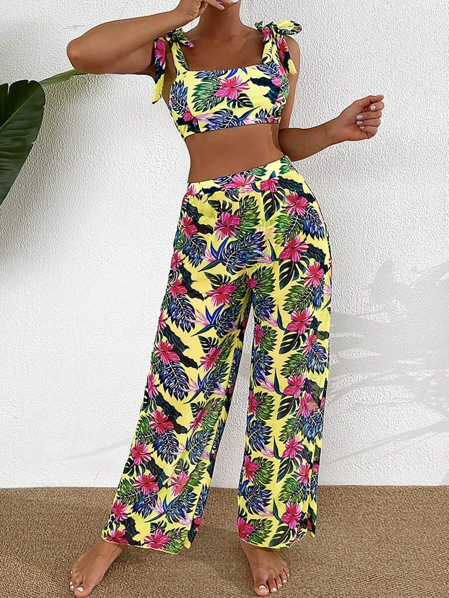 SHEIN Swim مجموعة بكيني ثلاثية الأجزاء للنساء بحمالة كتف مطبوعة بنقشة استوائية لإجازة الصيف على الشاطئ - Image 2