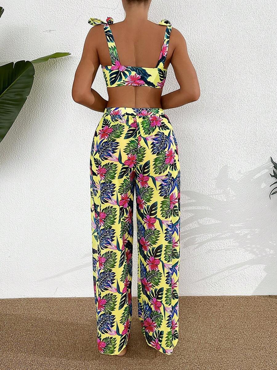 SHEIN Swim مجموعة بكيني ثلاثية الأجزاء للنساء بحمالة كتف مطبوعة بنقشة استوائية لإجازة الصيف على الشاطئ - Image 3