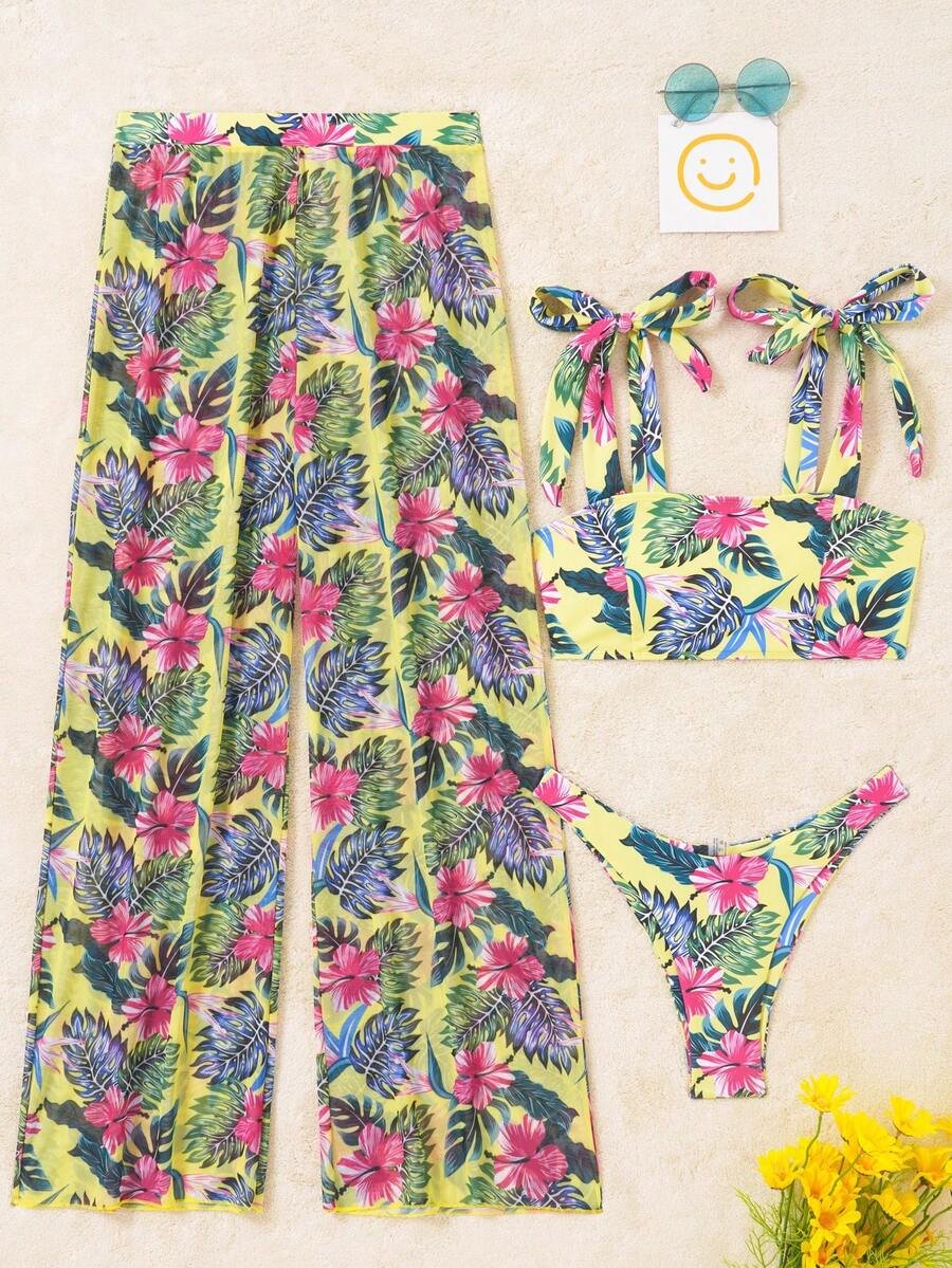 SHEIN Swim مجموعة بكيني ثلاثية الأجزاء للنساء بحمالة كتف مطبوعة بنقشة استوائية لإجازة الصيف على الشاطئ - Image 4
