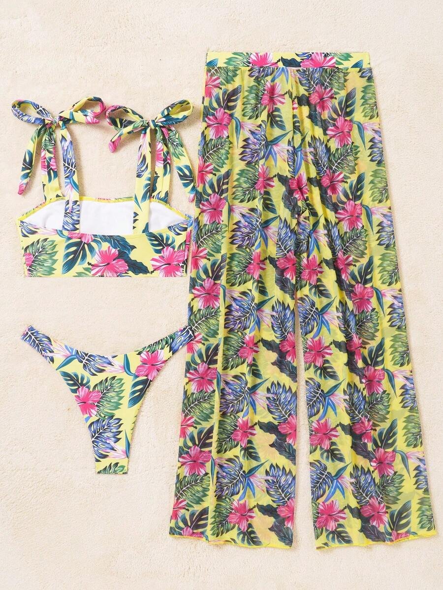 SHEIN Swim مجموعة بكيني ثلاثية الأجزاء للنساء بحمالة كتف مطبوعة بنقشة استوائية لإجازة الصيف على الشاطئ - Image 5