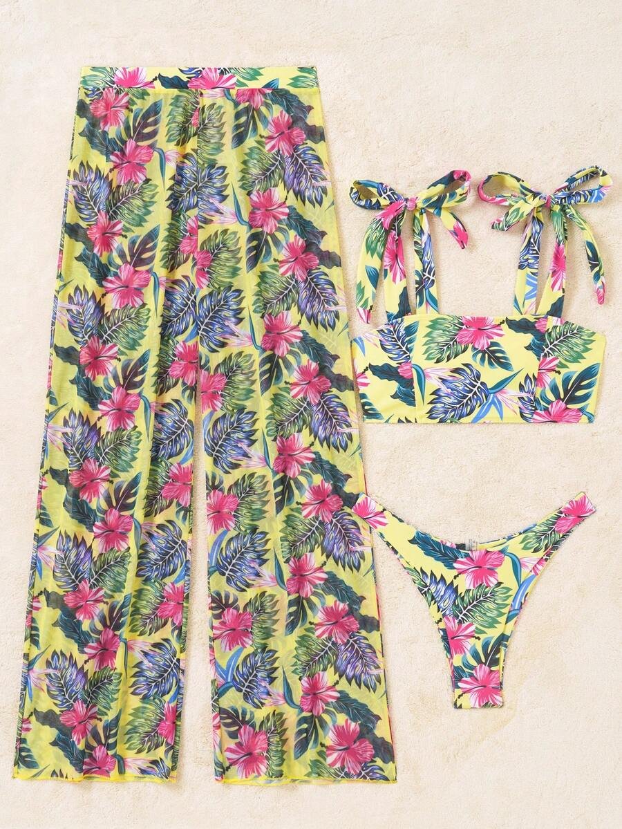 SHEIN Swim مجموعة بكيني ثلاثية الأجزاء للنساء بحمالة كتف مطبوعة بنقشة استوائية لإجازة الصيف على الشاطئ - Image 6