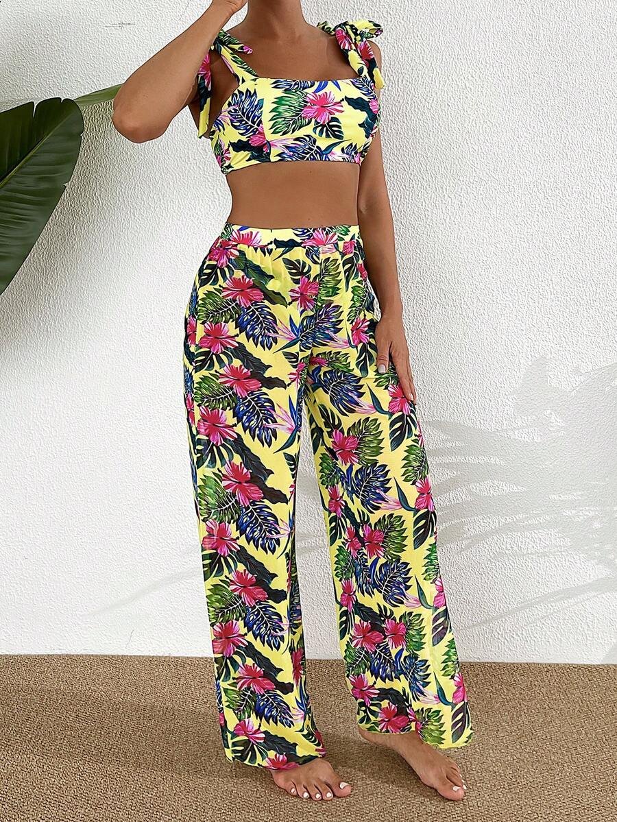 SHEIN Swim مجموعة بكيني ثلاثية الأجزاء للنساء بحمالة كتف مطبوعة بنقشة استوائية لإجازة الصيف على الشاطئ - Image 7
