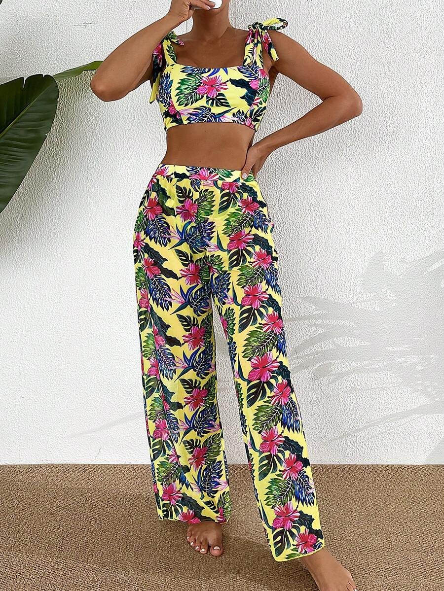 SHEIN Swim مجموعة بكيني ثلاثية الأجزاء للنساء بحمالة كتف مطبوعة بنقشة استوائية لإجازة الصيف على الشاطئ - Image 8
