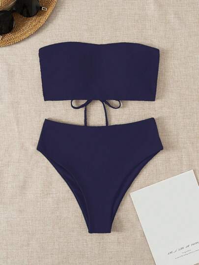 SHEIN Swim طقم بكيني قطعتين بسيط للشاطئ والمسبح والمنتجعات الصيفية، لاسلكي، قابل للارتداء بشكل عكسي، شاطئ صيفي