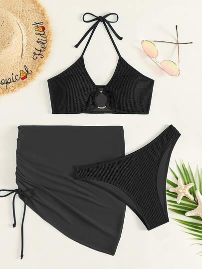 SHEIN Swim بيكيني متصل بخواتم م texturized مكون من 3 قطع مع تنورة شاطئية لصيفية