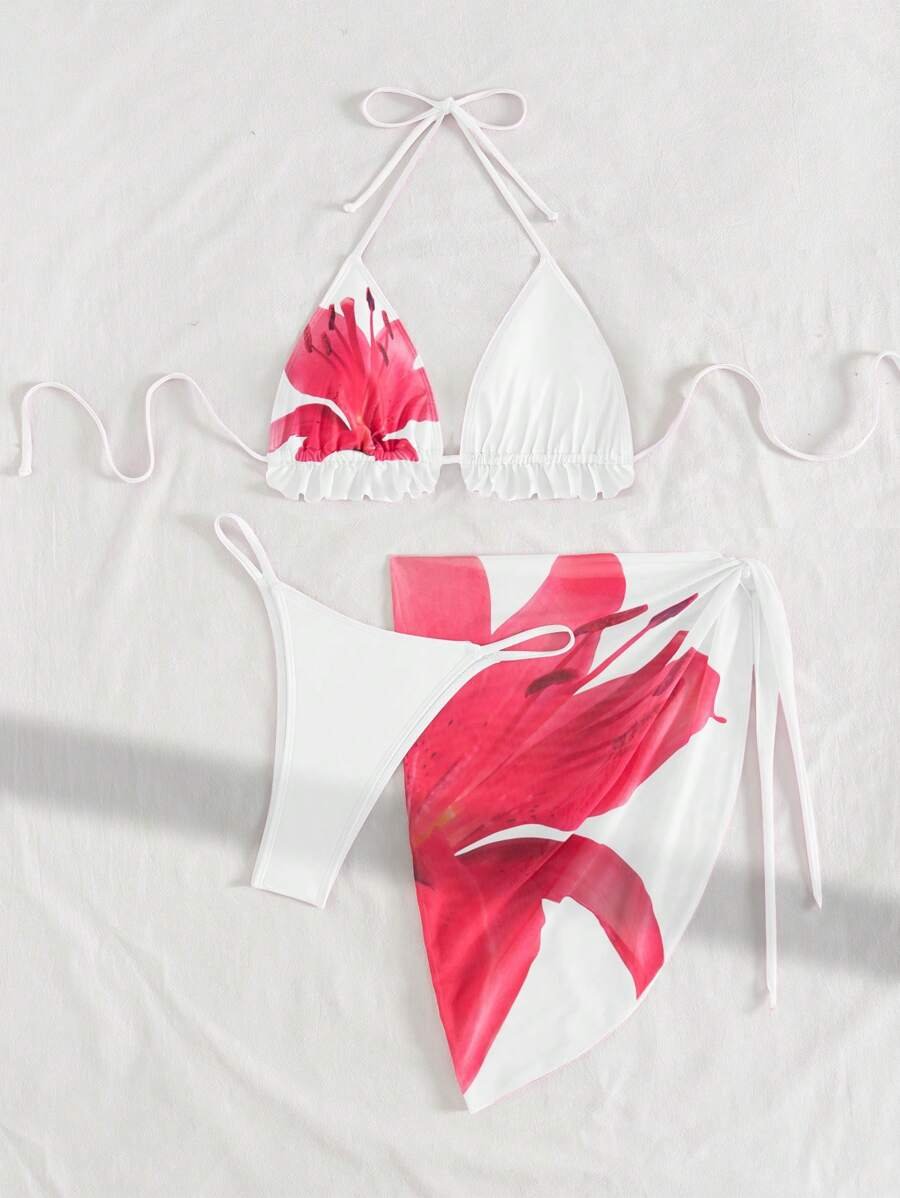 Swim Mod 3 قطع مجموعة بكيني ملابس شاطئ للنساء تتكون من تنورة طباعة وردية من الشبك شفاف كشكشة وربطة خلفية - Image 5