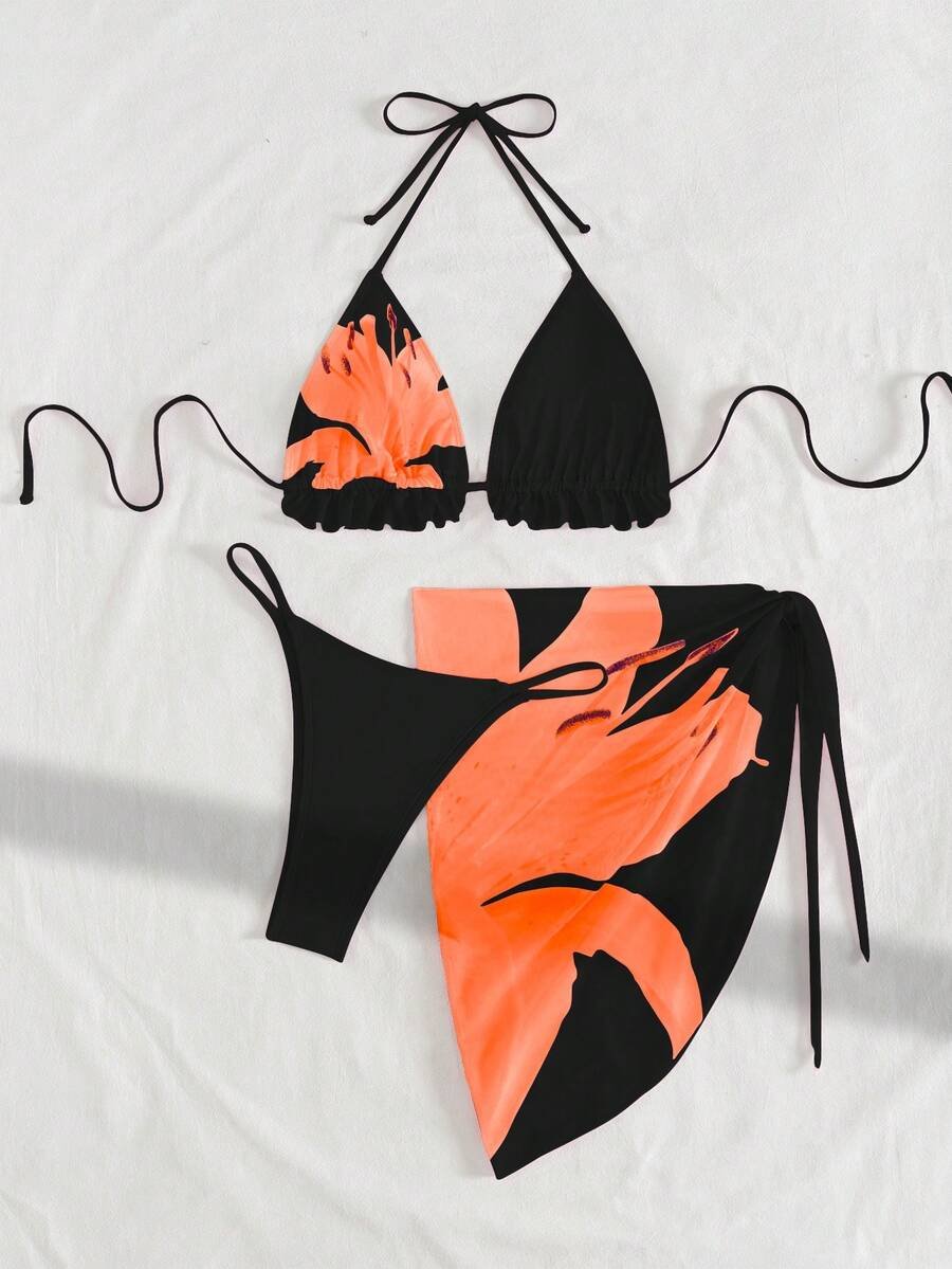 Swim Mod 3 قطع مجموعة بكيني ملابس شاطئ للنساء تتكون من تنورة طباعة وردية من الشبك شفاف كشكشة وربطة خلفية - Image 12