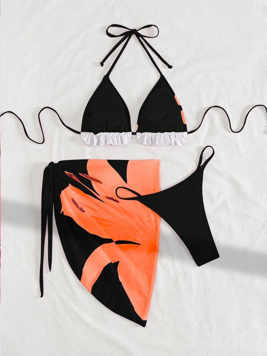 Swim Mod 3 قطع مجموعة بكيني ملابس شاطئ للنساء تتكون من تنورة طباعة وردية من الشبك شفاف كشكشة وربطة خلفية - Image 13