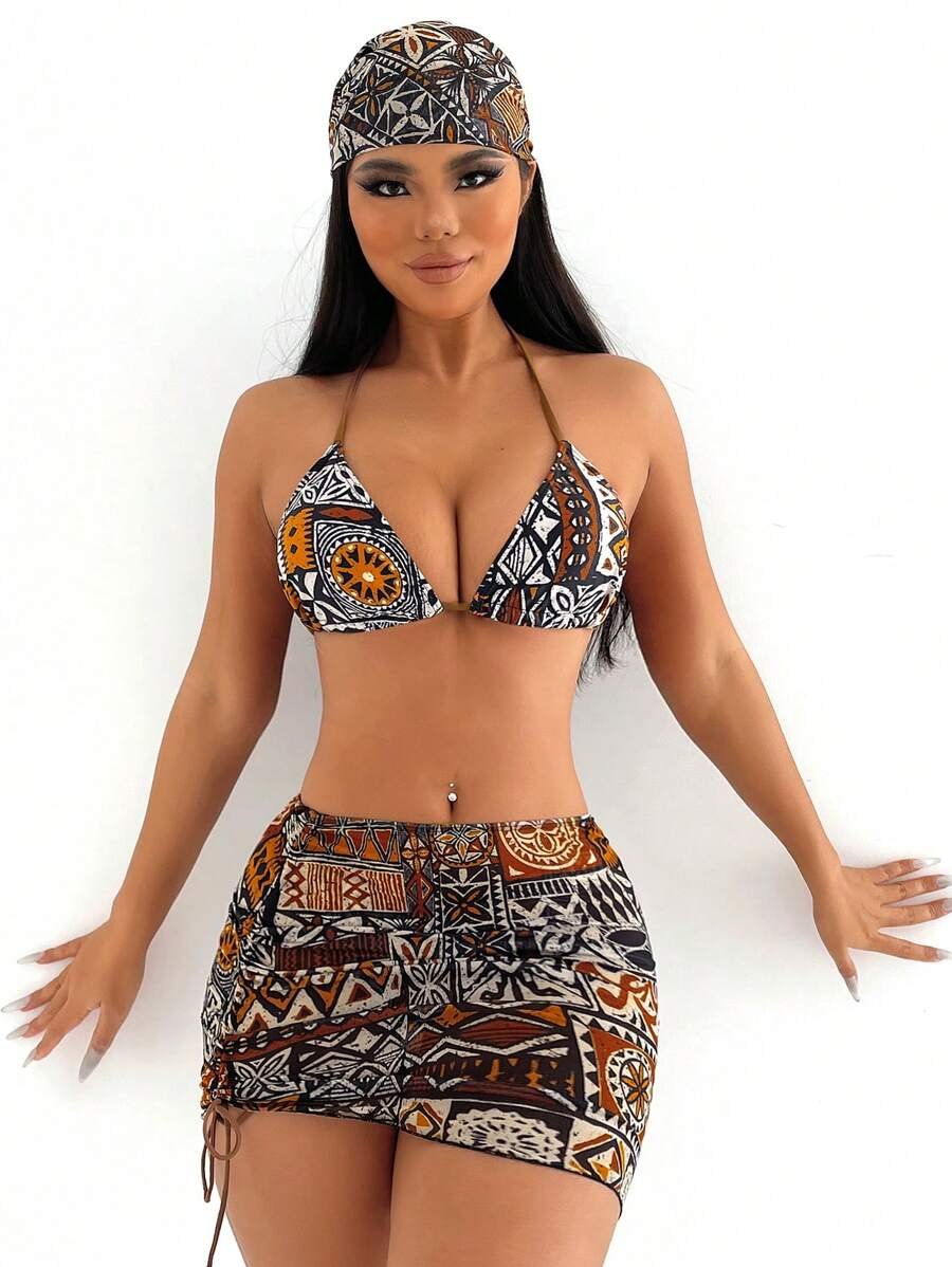Slaydiva مجموعة بيكيني 4قطع/طقم بنقشة رقعة قطعة عليا لحافة الرقبة مثلثة شاطئ صيف - Image 2