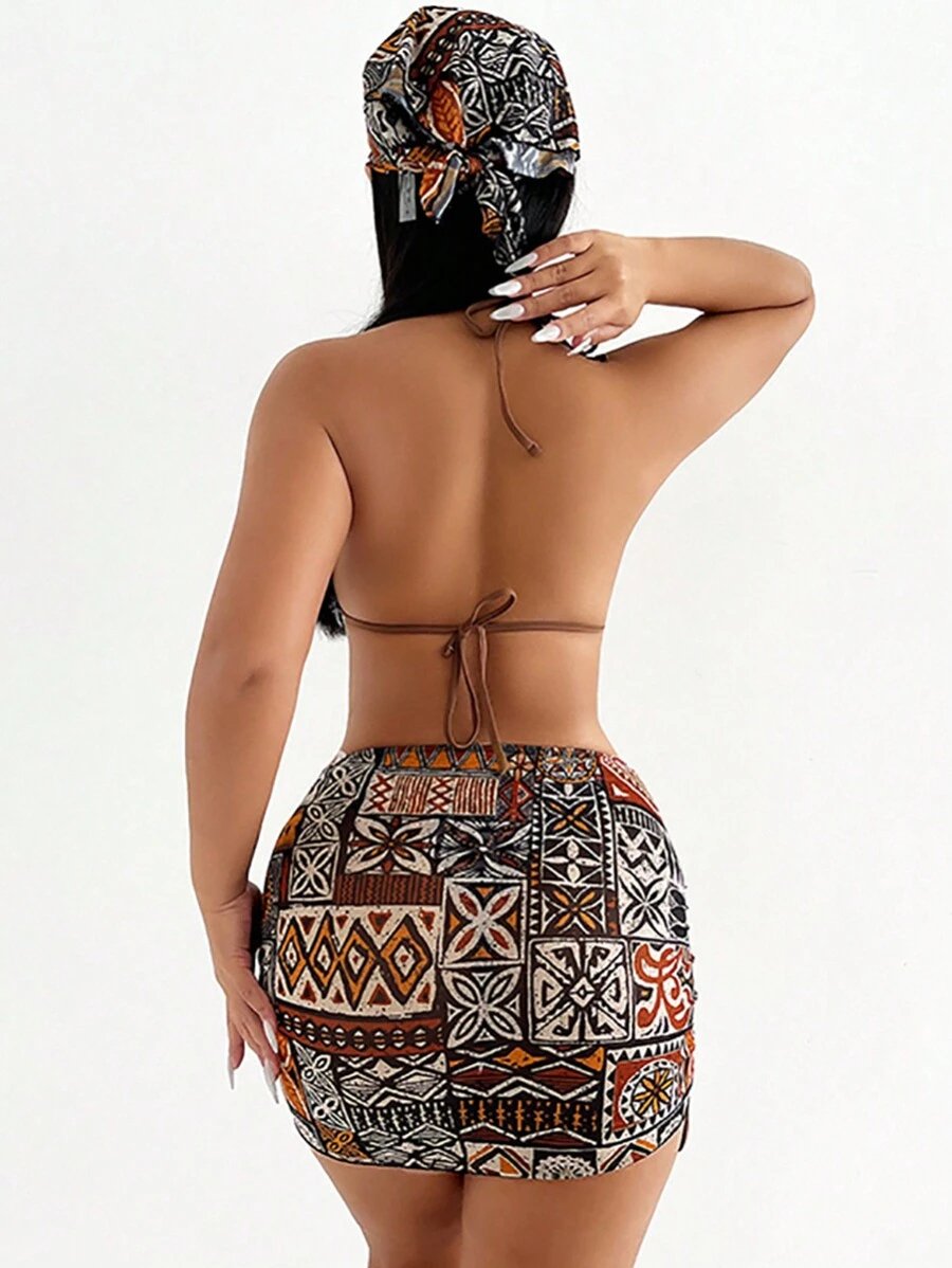 Slaydiva مجموعة بيكيني 4قطع/طقم بنقشة رقعة قطعة عليا لحافة الرقبة مثلثة شاطئ صيف - Image 3