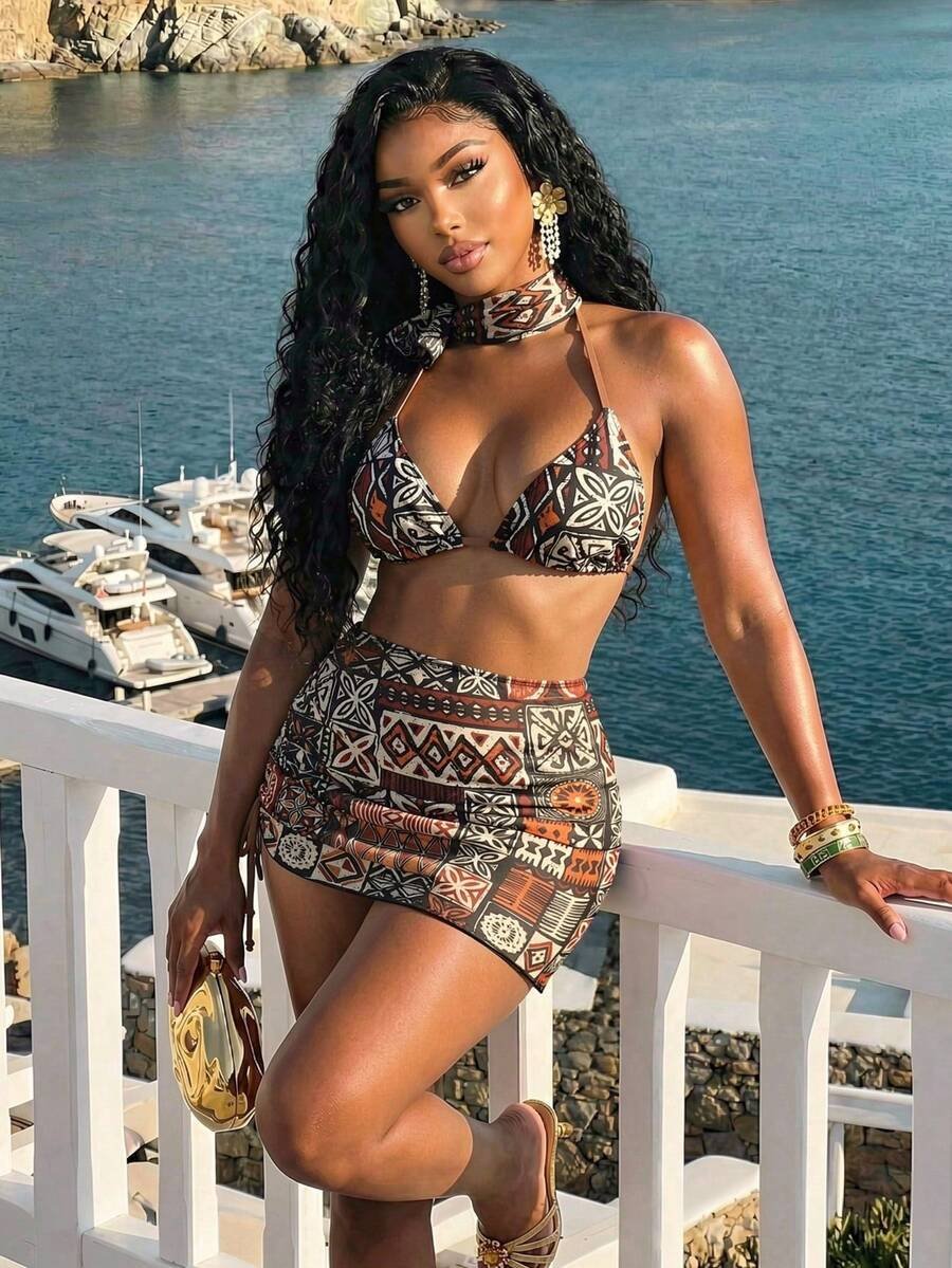 Slaydiva مجموعة بيكيني 4قطع/طقم بنقشة رقعة قطعة عليا لحافة الرقبة مثلثة شاطئ صيف - Image 8