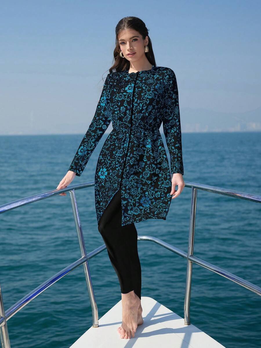 Swim Shayni مجموعة بوركيني من قطعتين مطبوع عليها طبعات فخارية باللون الأزرق، مع غطاء قابل للإزالة، مناسبة للشاطئ والعطلات - Image 11