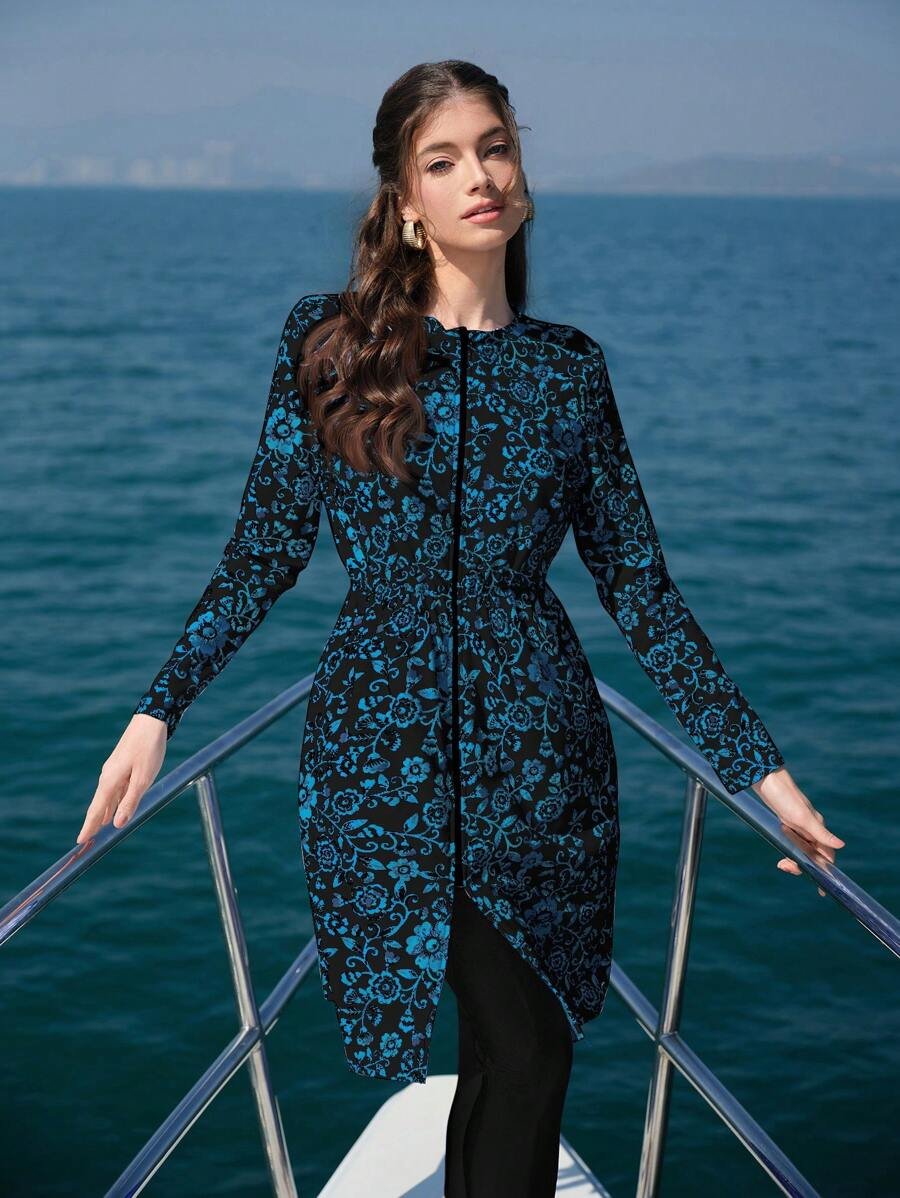 Swim Shayni مجموعة بوركيني من قطعتين مطبوع عليها طبعات فخارية باللون الأزرق، مع غطاء قابل للإزالة، مناسبة للشاطئ والعطلات - Image 13