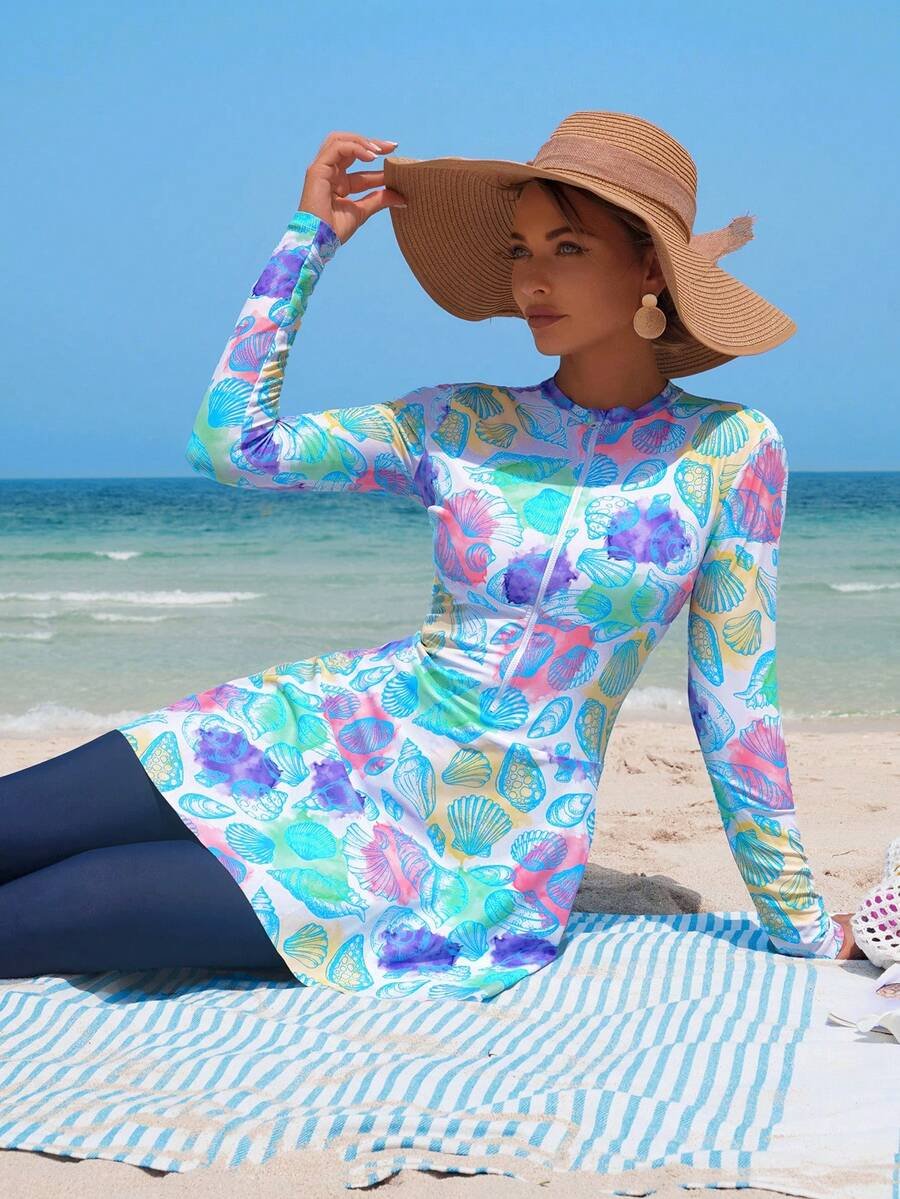 Swim Shayni مجموعة نسائية مكونة من 2 قطعة: توب طويل الأكمام ذو رقبة صاعدة ضيقة مطبوع بنقش صدفة البحر وفستان أنبوبي متوسط الطول مع سروال ضيق, بركيني للسيدات في الشرق الأوسط - Image 2