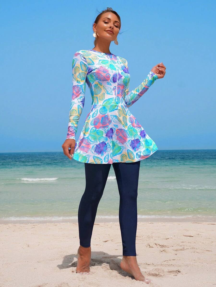 Swim Shayni مجموعة نسائية مكونة من 2 قطعة: توب طويل الأكمام ذو رقبة صاعدة ضيقة مطبوع بنقش صدفة البحر وفستان أنبوبي متوسط الطول مع سروال ضيق, بركيني للسيدات في الشرق الأوسط - Image 4