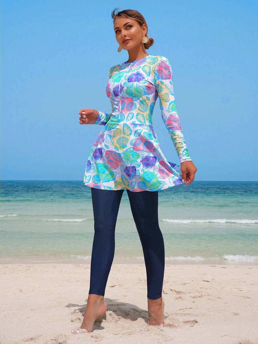 Swim Shayni مجموعة نسائية مكونة من 2 قطعة: توب طويل الأكمام ذو رقبة صاعدة ضيقة مطبوع بنقش صدفة البحر وفستان أنبوبي متوسط الطول مع سروال ضيق, بركيني للسيدات في الشرق الأوسط - Image 5