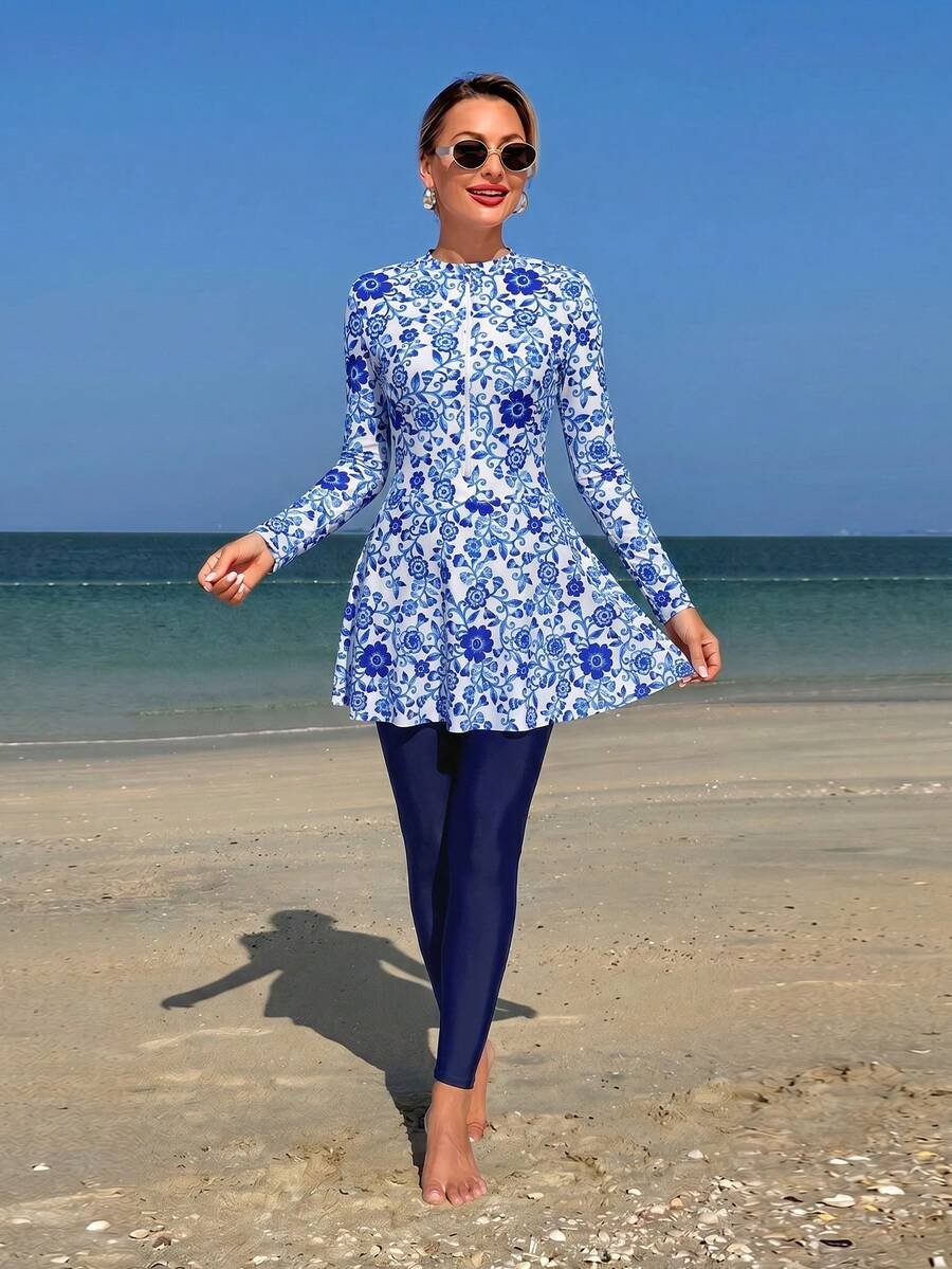 Swim Shayni مجموعة نسائية مكونة من 2 قطعة: توب طويل الأكمام ذو رقبة صاعدة ضيقة مطبوع بنقش صدفة البحر وفستان أنبوبي متوسط الطول مع سروال ضيق, بركيني للسيدات في الشرق الأوسط - Image 9