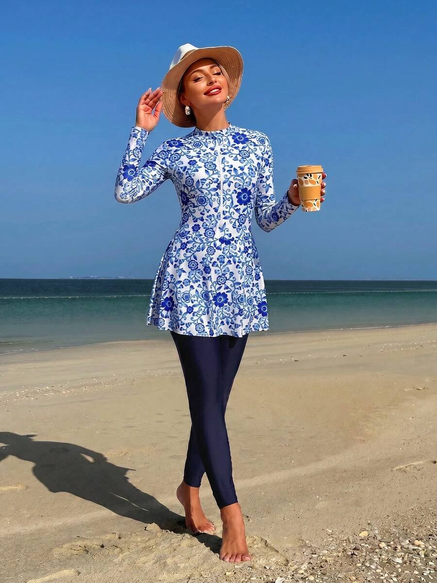Swim Shayni مجموعة نسائية مكونة من 2 قطعة: توب طويل الأكمام ذو رقبة صاعدة ضيقة مطبوع بنقش صدفة البحر وفستان أنبوبي متوسط الطول مع سروال ضيق, بركيني للسيدات في الشرق الأوسط - Image 10