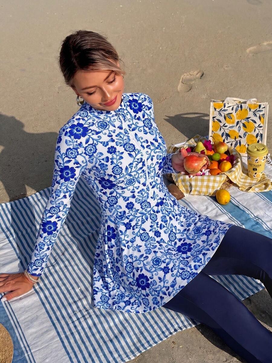 Swim Shayni مجموعة نسائية مكونة من 2 قطعة: توب طويل الأكمام ذو رقبة صاعدة ضيقة مطبوع بنقش صدفة البحر وفستان أنبوبي متوسط الطول مع سروال ضيق, بركيني للسيدات في الشرق الأوسط - Image 11