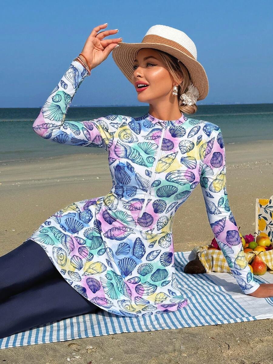 Swim Shayni مجموعة نسائية مكونة من 2 قطعة: توب طويل الأكمام ذو رقبة صاعدة ضيقة مطبوع بنقش صدفة البحر وفستان أنبوبي متوسط الطول مع سروال ضيق, بركيني للسيدات في الشرق الأوسط - Image 12