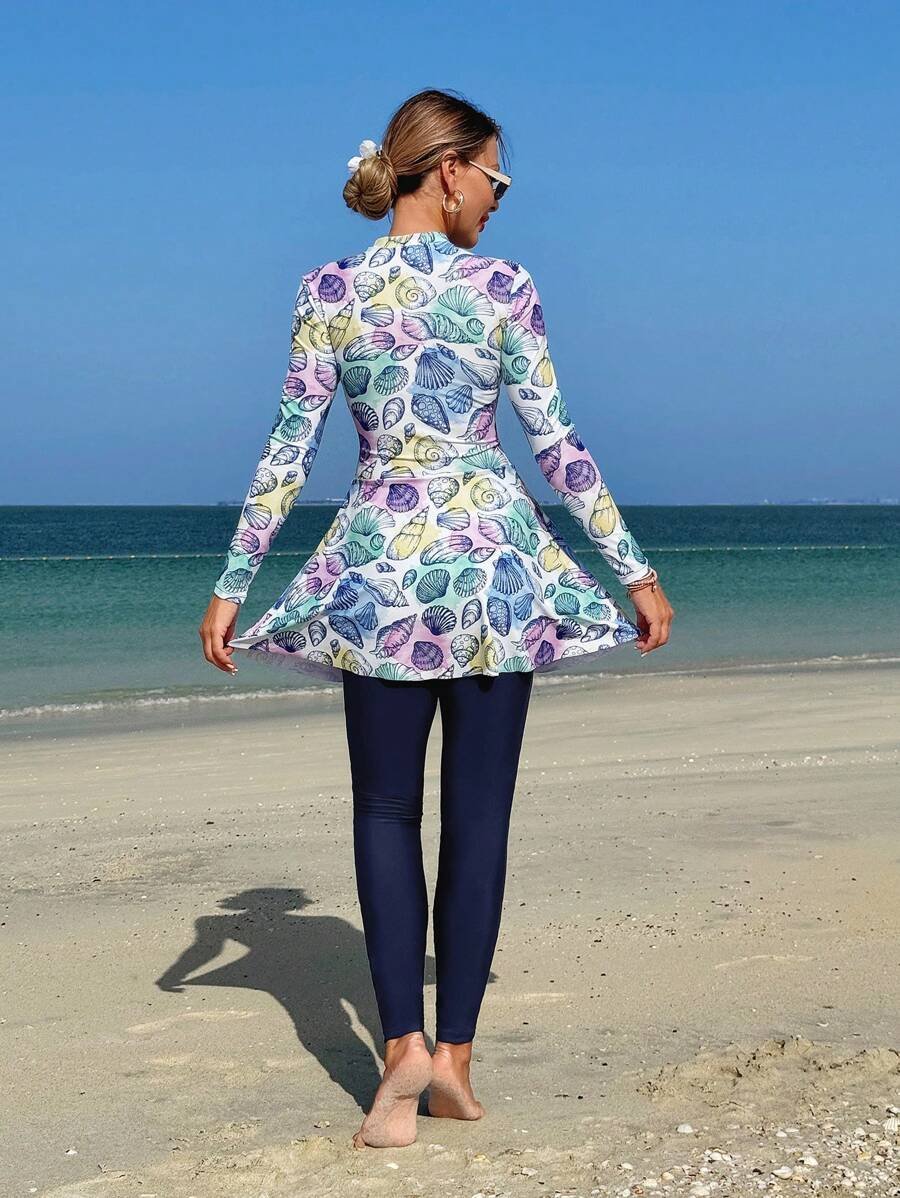 Swim Shayni مجموعة نسائية مكونة من 2 قطعة: توب طويل الأكمام ذو رقبة صاعدة ضيقة مطبوع بنقش صدفة البحر وفستان أنبوبي متوسط الطول مع سروال ضيق, بركيني للسيدات في الشرق الأوسط - Image 13