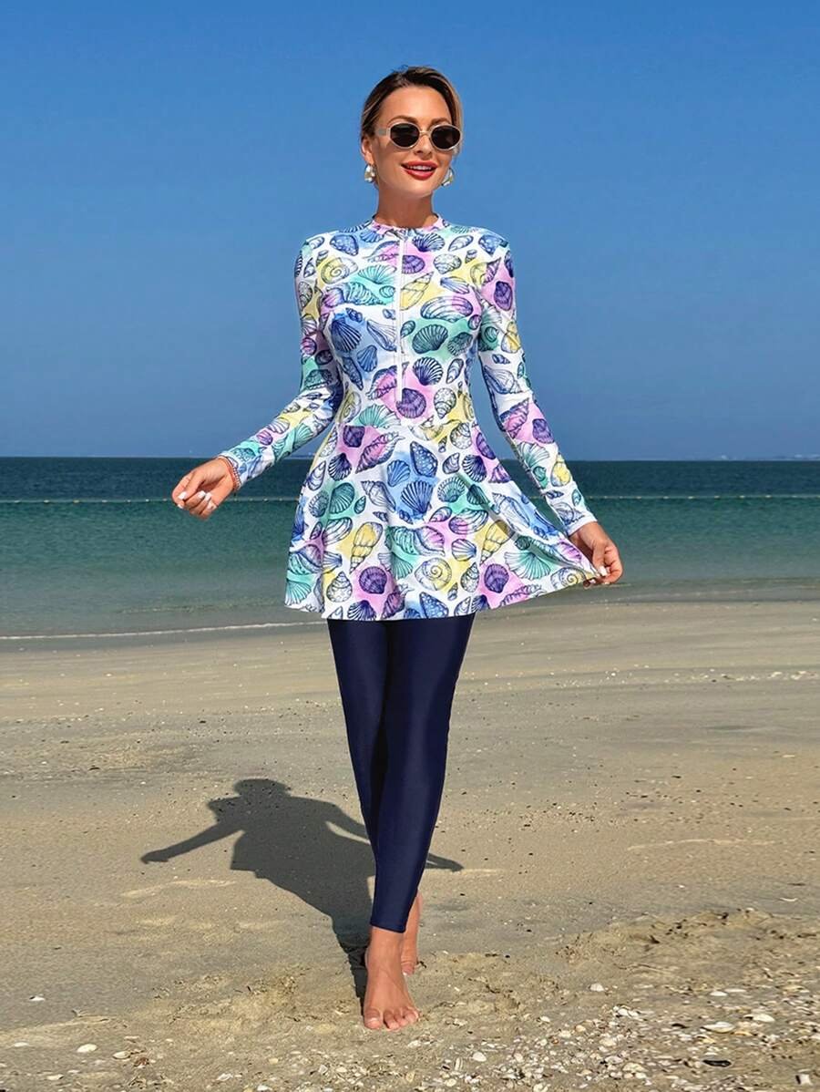 Swim Shayni مجموعة نسائية مكونة من 2 قطعة: توب طويل الأكمام ذو رقبة صاعدة ضيقة مطبوع بنقش صدفة البحر وفستان أنبوبي متوسط الطول مع سروال ضيق, بركيني للسيدات في الشرق الأوسط - Image 14