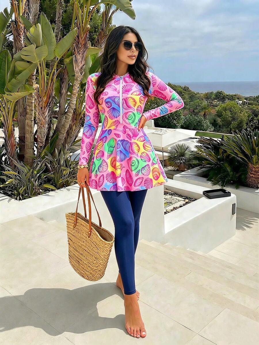 Swim Shayni مجموعة نسائية مكونة من 2 قطعة: توب طويل الأكمام ذو رقبة صاعدة ضيقة مطبوع بنقش صدفة البحر وفستان أنبوبي متوسط الطول مع سروال ضيق, بركيني للسيدات في الشرق الأوسط - Image 17
