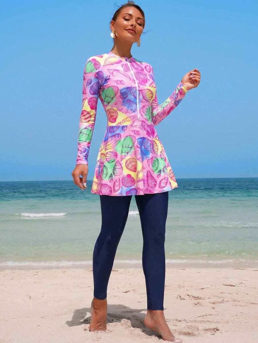 Swim Shayni مجموعة نسائية مكونة من 2 قطعة: توب طويل الأكمام ذو رقبة صاعدة ضيقة مطبوع بنقش صدفة البحر وفستان أنبوبي متوسط الطول مع سروال ضيق, بركيني للسيدات في الشرق الأوسط - Image 21