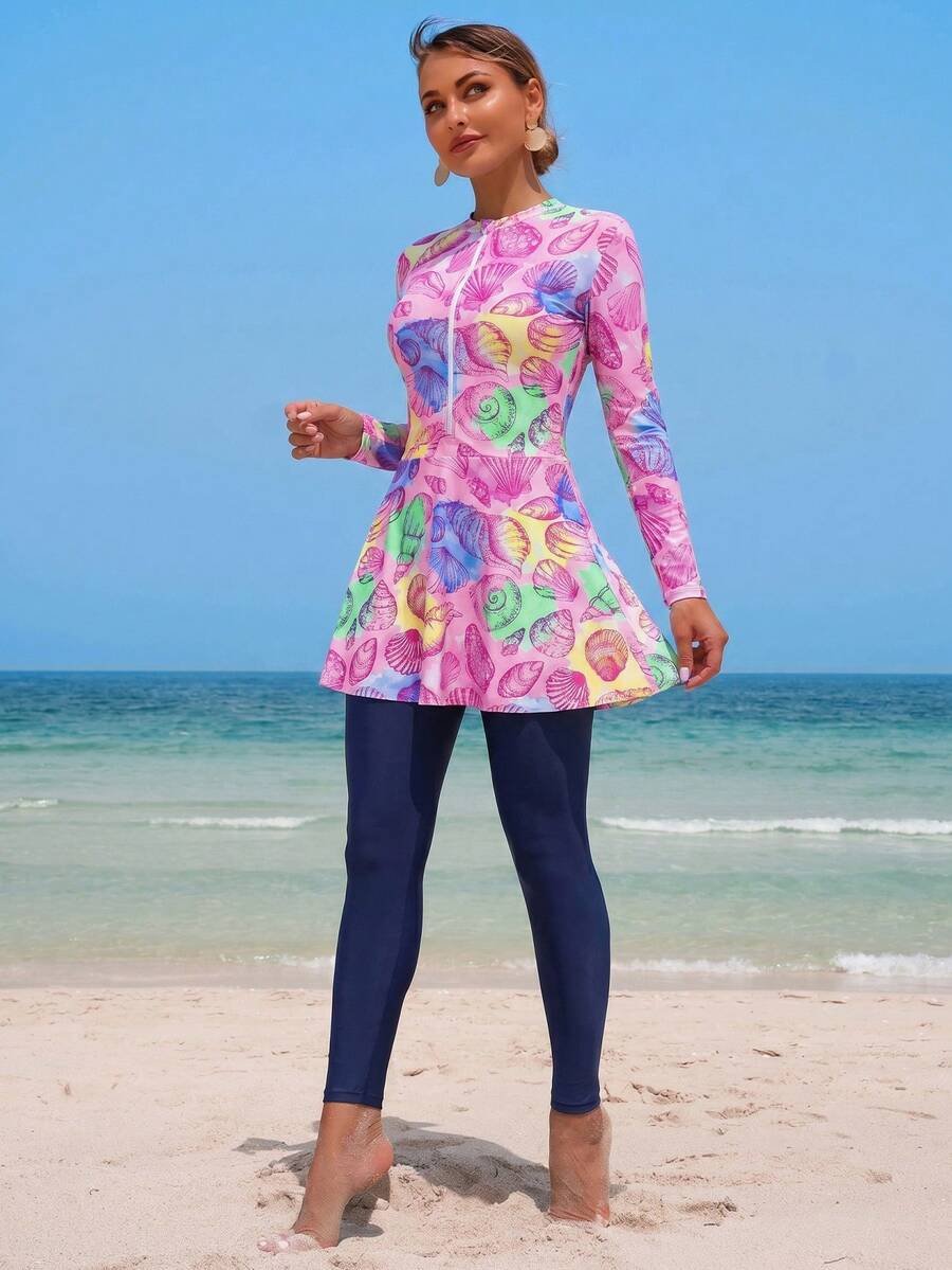 Swim Shayni مجموعة نسائية مكونة من 2 قطعة: توب طويل الأكمام ذو رقبة صاعدة ضيقة مطبوع بنقش صدفة البحر وفستان أنبوبي متوسط الطول مع سروال ضيق, بركيني للسيدات في الشرق الأوسط - Image 22