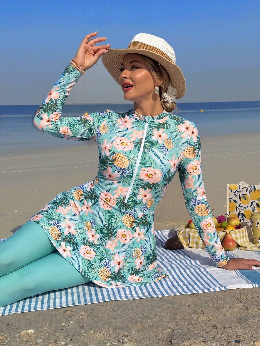 Swim Shayni مجموعة نسائية مكونة من 2 قطعة: توب طويل الأكمام ذو رقبة صاعدة ضيقة مطبوع بنقش صدفة البحر وفستان أنبوبي متوسط الطول مع سروال ضيق, بركيني للسيدات في الشرق الأوسط - Image 23