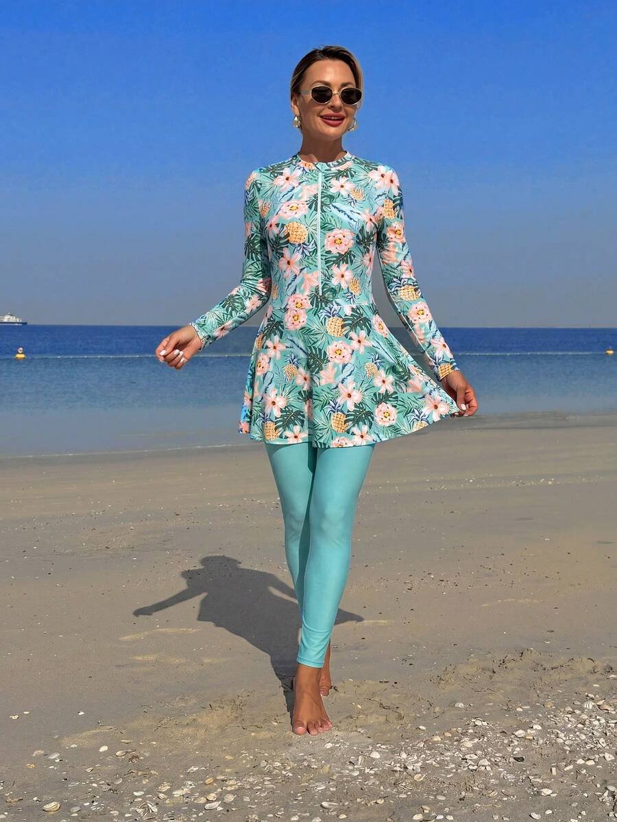 Swim Shayni مجموعة نسائية مكونة من 2 قطعة: توب طويل الأكمام ذو رقبة صاعدة ضيقة مطبوع بنقش صدفة البحر وفستان أنبوبي متوسط الطول مع سروال ضيق, بركيني للسيدات في الشرق الأوسط - Image 25