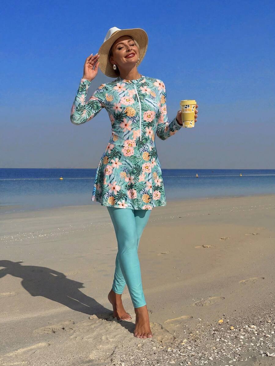 Swim Shayni مجموعة نسائية مكونة من 2 قطعة: توب طويل الأكمام ذو رقبة صاعدة ضيقة مطبوع بنقش صدفة البحر وفستان أنبوبي متوسط الطول مع سروال ضيق, بركيني للسيدات في الشرق الأوسط - Image 26