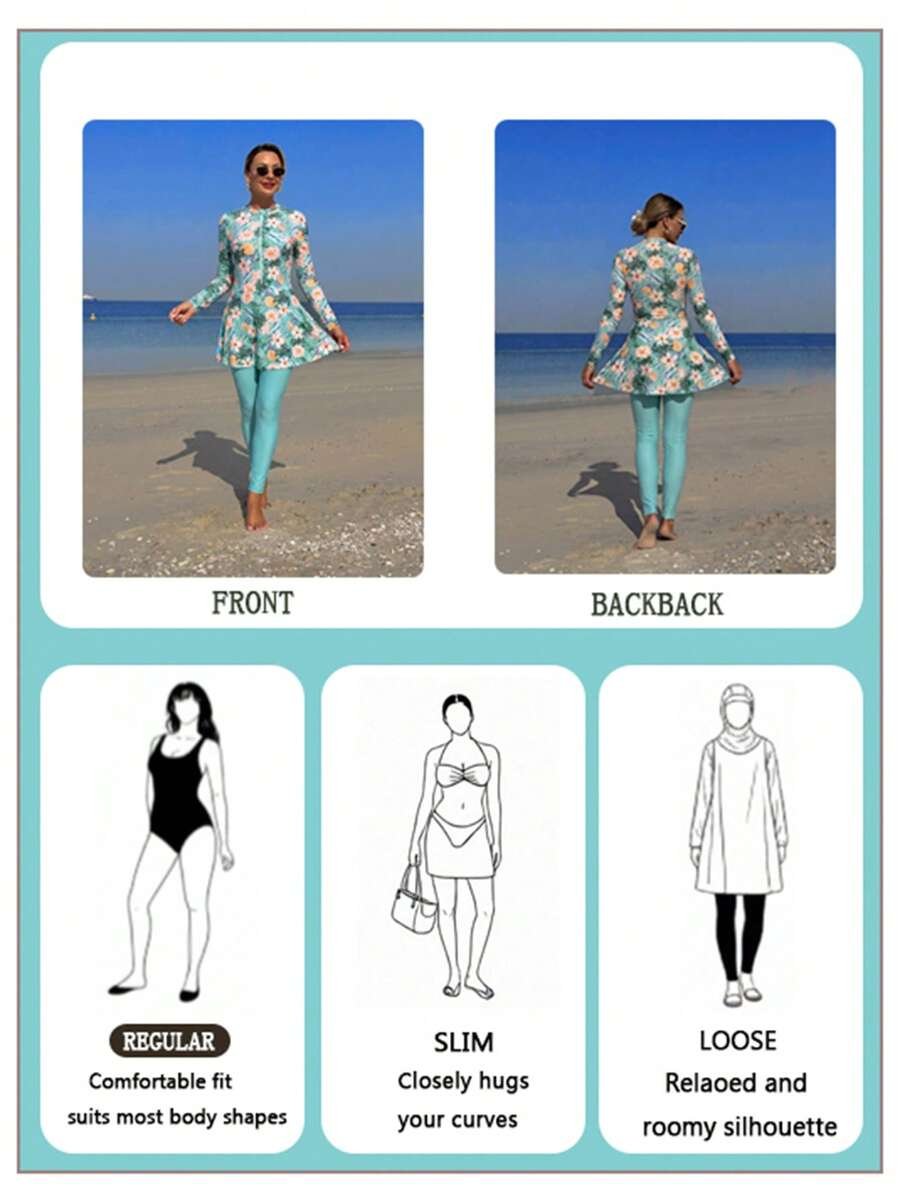 Swim Shayni مجموعة نسائية مكونة من 2 قطعة: توب طويل الأكمام ذو رقبة صاعدة ضيقة مطبوع بنقش صدفة البحر وفستان أنبوبي متوسط الطول مع سروال ضيق, بركيني للسيدات في الشرق الأوسط - Image 29