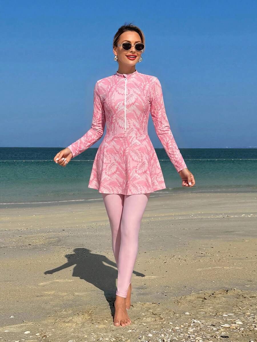 Swim Shayni مجموعة نسائية مكونة من 2 قطعة: توب طويل الأكمام ذو رقبة صاعدة ضيقة مطبوع بنقش صدفة البحر وفستان أنبوبي متوسط الطول مع سروال ضيق, بركيني للسيدات في الشرق الأوسط - Image 34