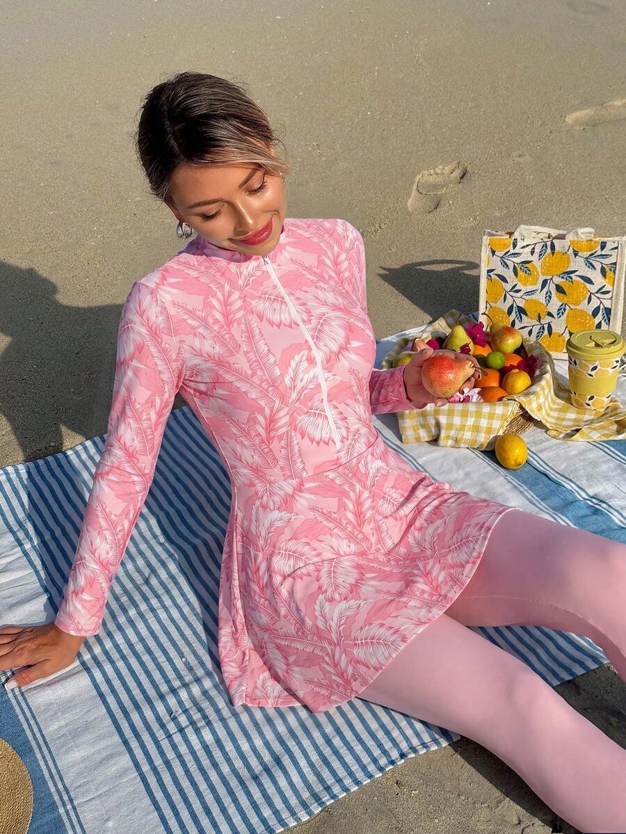Swim Shayni مجموعة نسائية مكونة من 2 قطعة: توب طويل الأكمام ذو رقبة صاعدة ضيقة مطبوع بنقش صدفة البحر وفستان أنبوبي متوسط الطول مع سروال ضيق, بركيني للسيدات في الشرق الأوسط - Image 35
