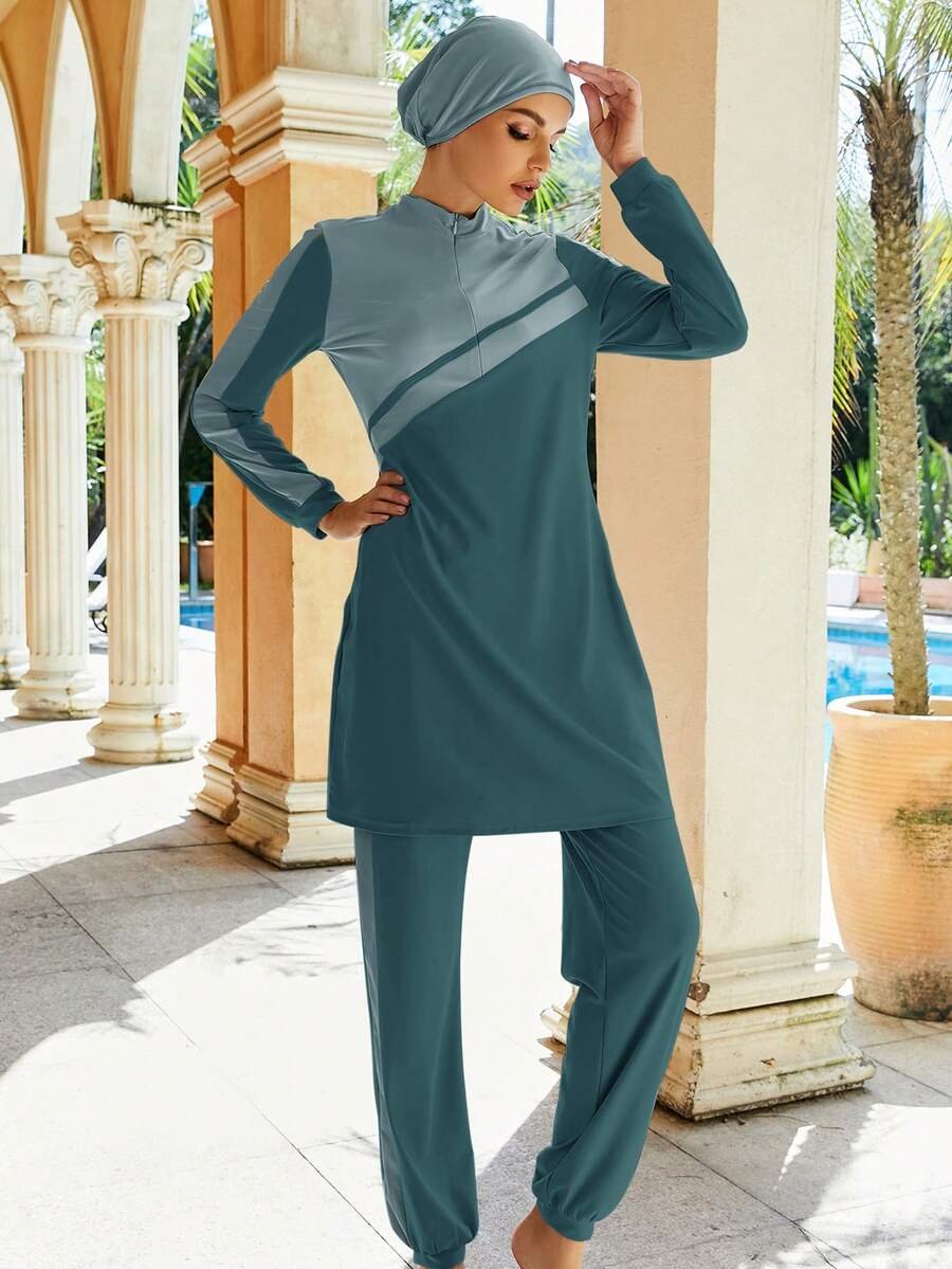 بوركيني محتشم رمادي ووردي – 3 قطع - Image 57