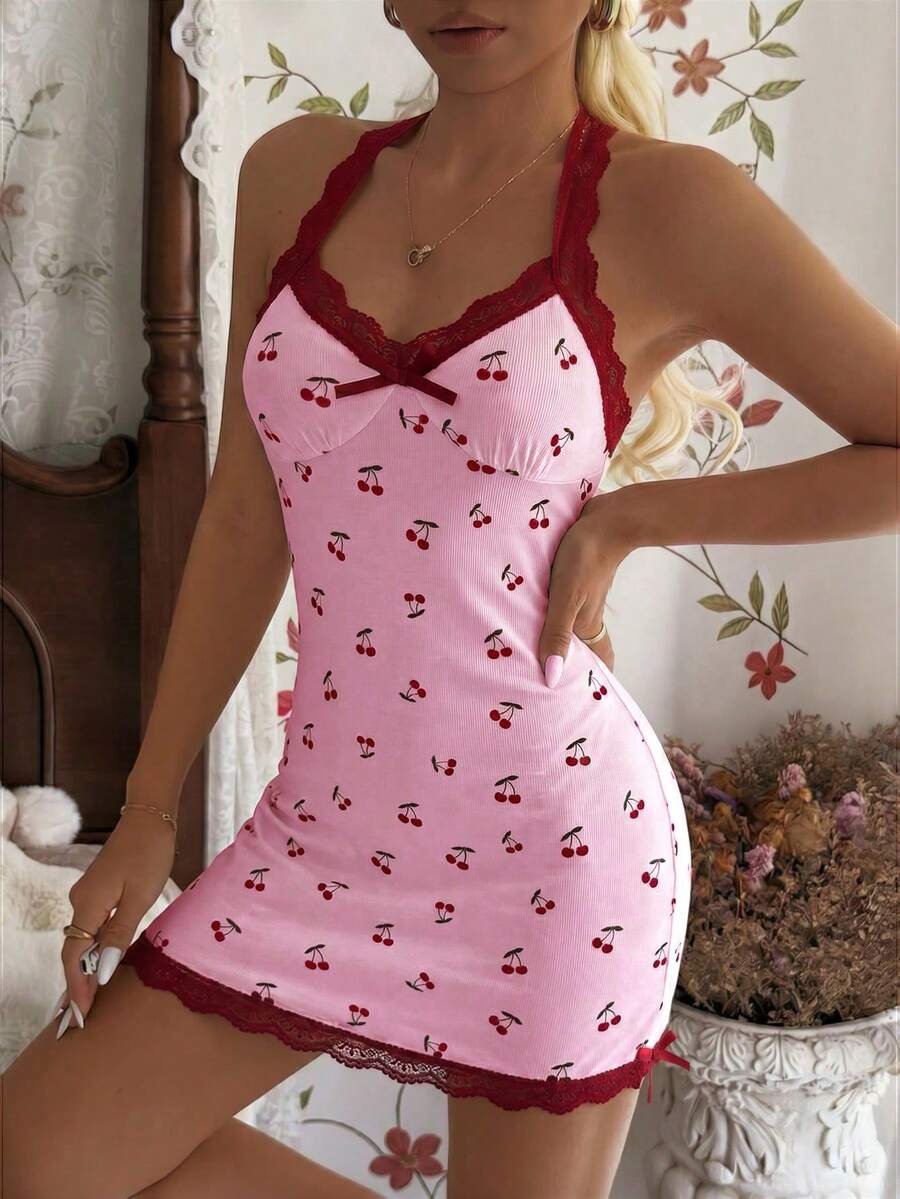 CottageSlumber قميص نوم بدون ظهر بطبعة الكرز الجميلة ذو لون متباين - Image 5