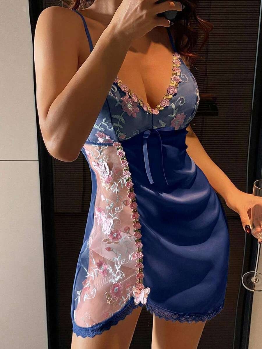 DAZY فستان نوم قصير مثير للنساء بتصميم دانتيل ملون مرقع وحمالات سباغيتي قابلة للتعديل وخصر مشدود وظهر مكشوف وشبه شفاف ملابس نوم - Image 21