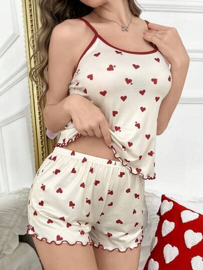 SHEIN Casual Underwear&Sleepwear طقم ملابس نوم بفوانيس قلبية وشورت كشكش حاشية 2 قطعة لعيد الحب