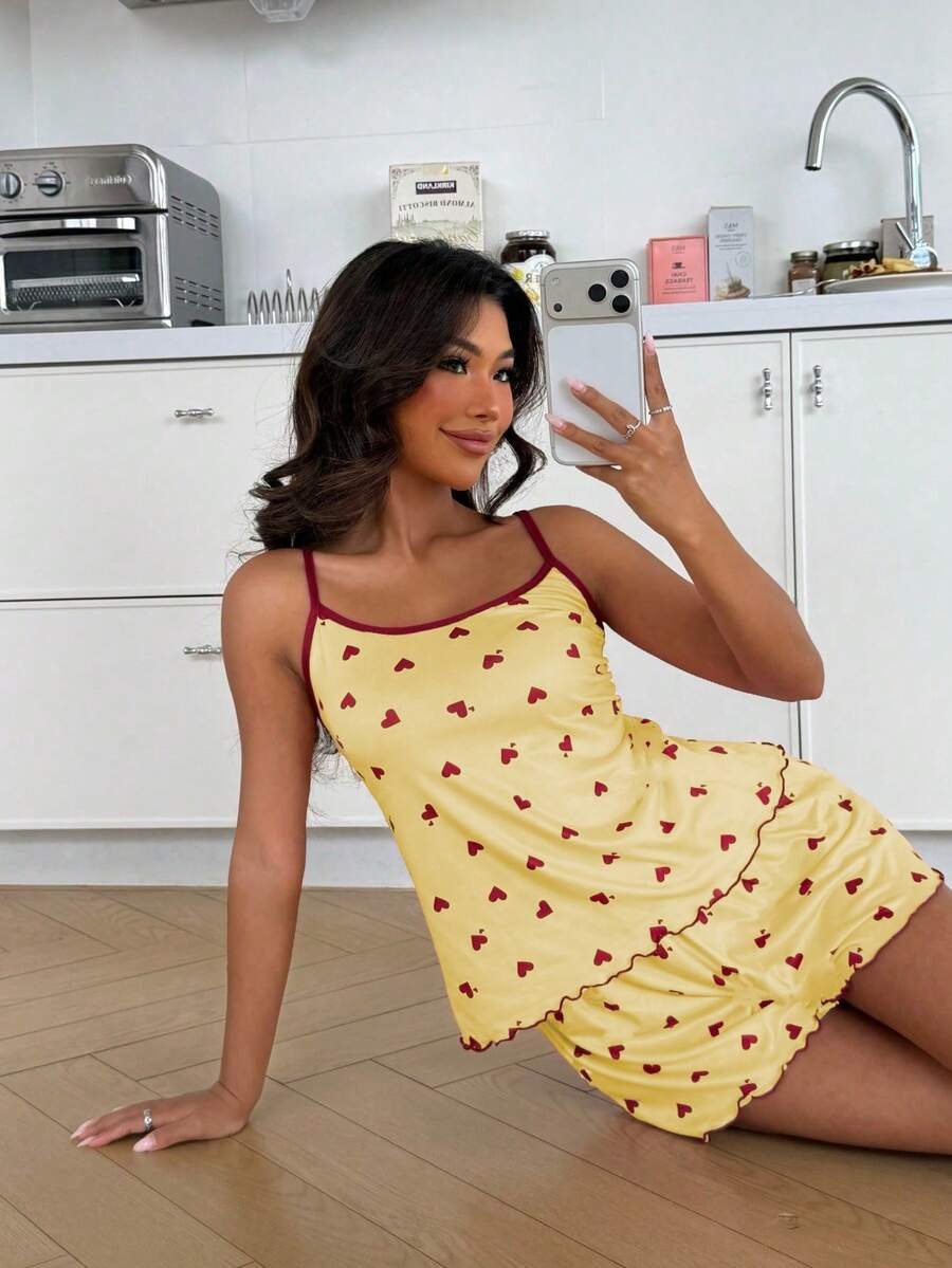 SHEIN Casual Underwear&Sleepwear طقم ملابس نوم بفوانيس قلبية وشورت كشكش حاشية 2 قطعة لعيد الحب - Image 29