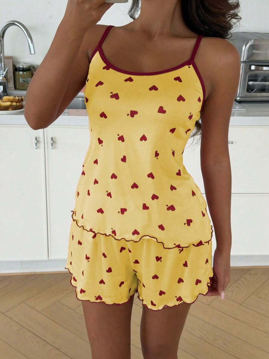 SHEIN Casual Underwear&Sleepwear طقم ملابس نوم بفوانيس قلبية وشورت كشكش حاشية 2 قطعة لعيد الحب - Image 30