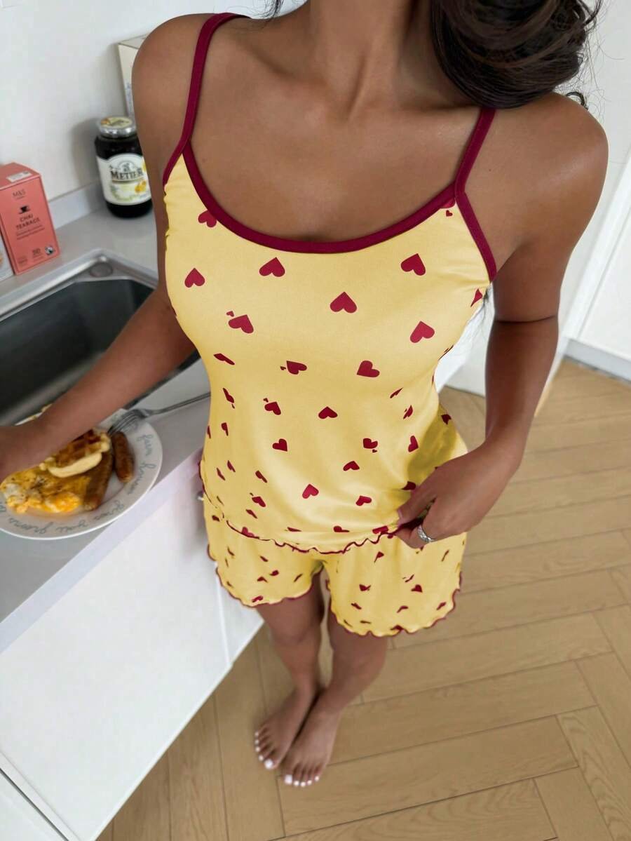 SHEIN Casual Underwear&Sleepwear طقم ملابس نوم بفوانيس قلبية وشورت كشكش حاشية 2 قطعة لعيد الحب - Image 31