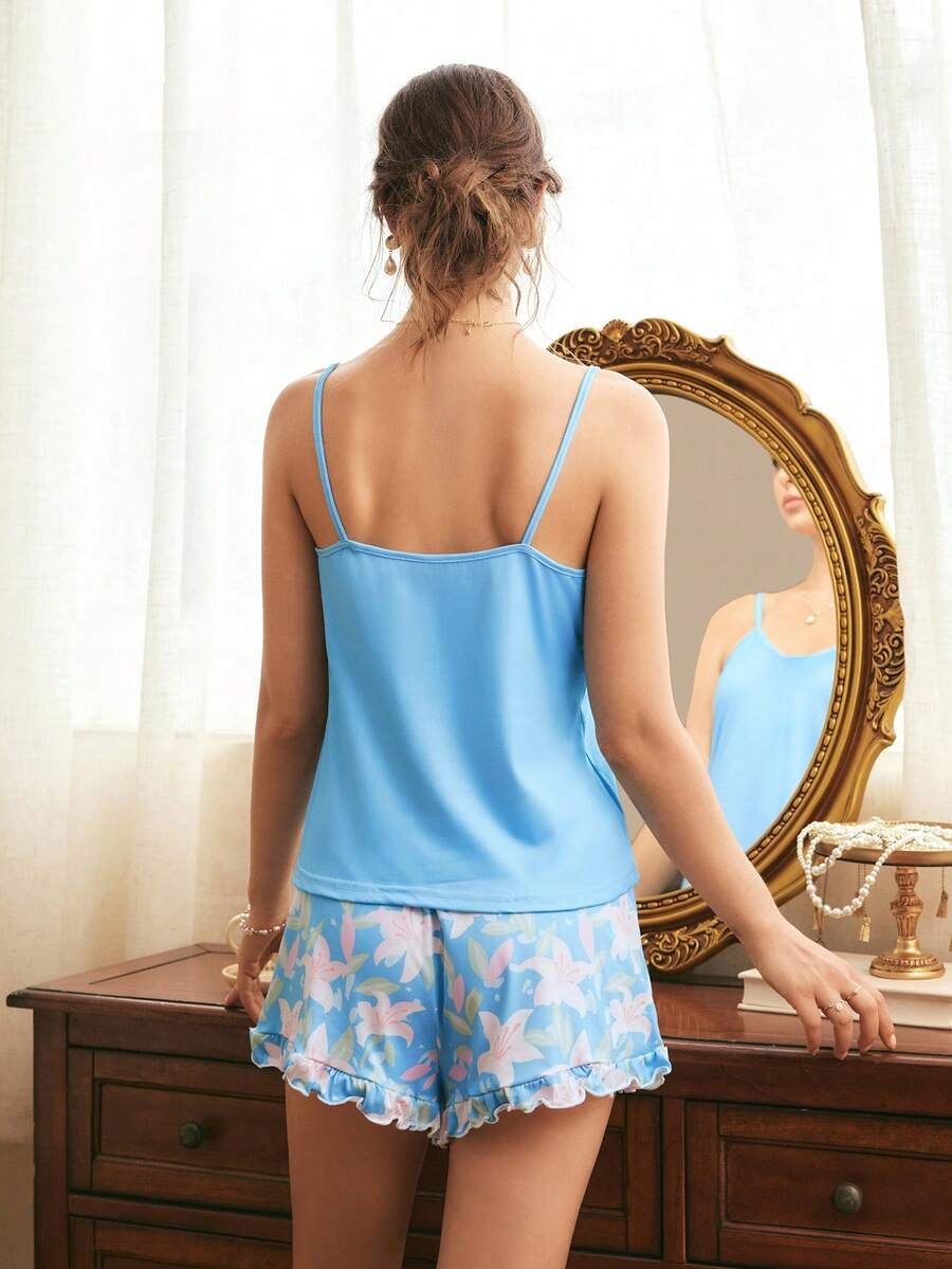 SHEIN Casual Underwear&Sleepwear طقم بيجامات صيفي للنساء مكون من سترة خزان لون سادة وشورت مطبوع بنقشة الزنبق - Image 3