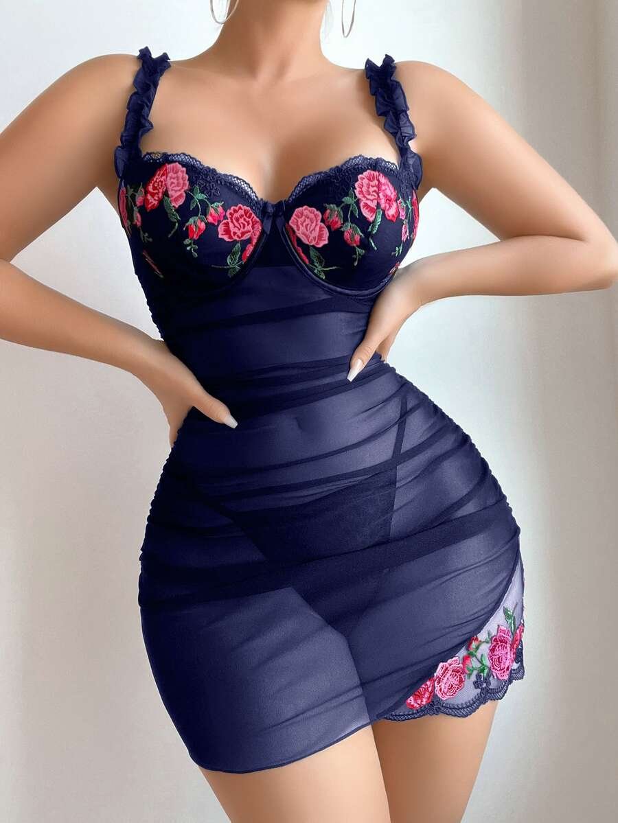 Slumberist طقم من قطعتين من قميص النوم الحريري المطرز بالدانتيل الشفاف مع سروال فتحة الفخذ الملائم - Image 5